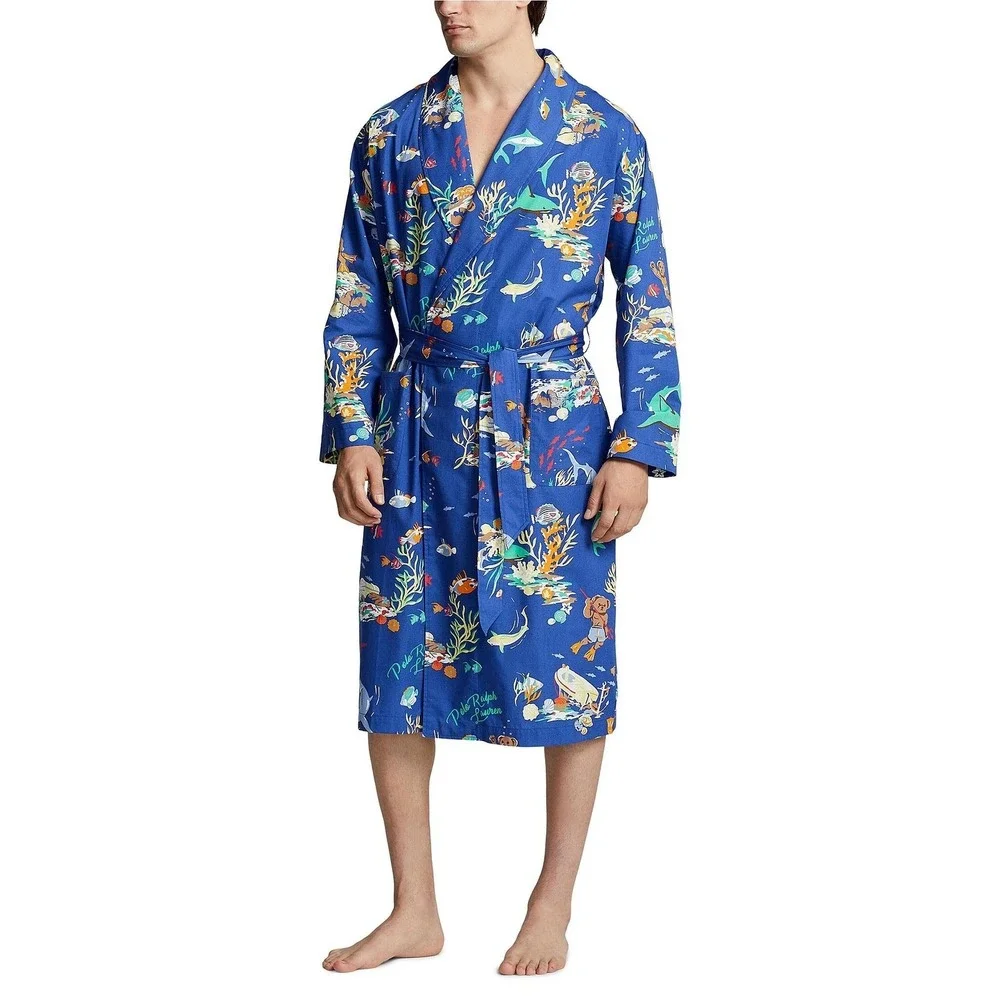 Polo Ralph Lauren Men's Size S / M Blue Tropical Sailboat Print 100% Cotton Robe